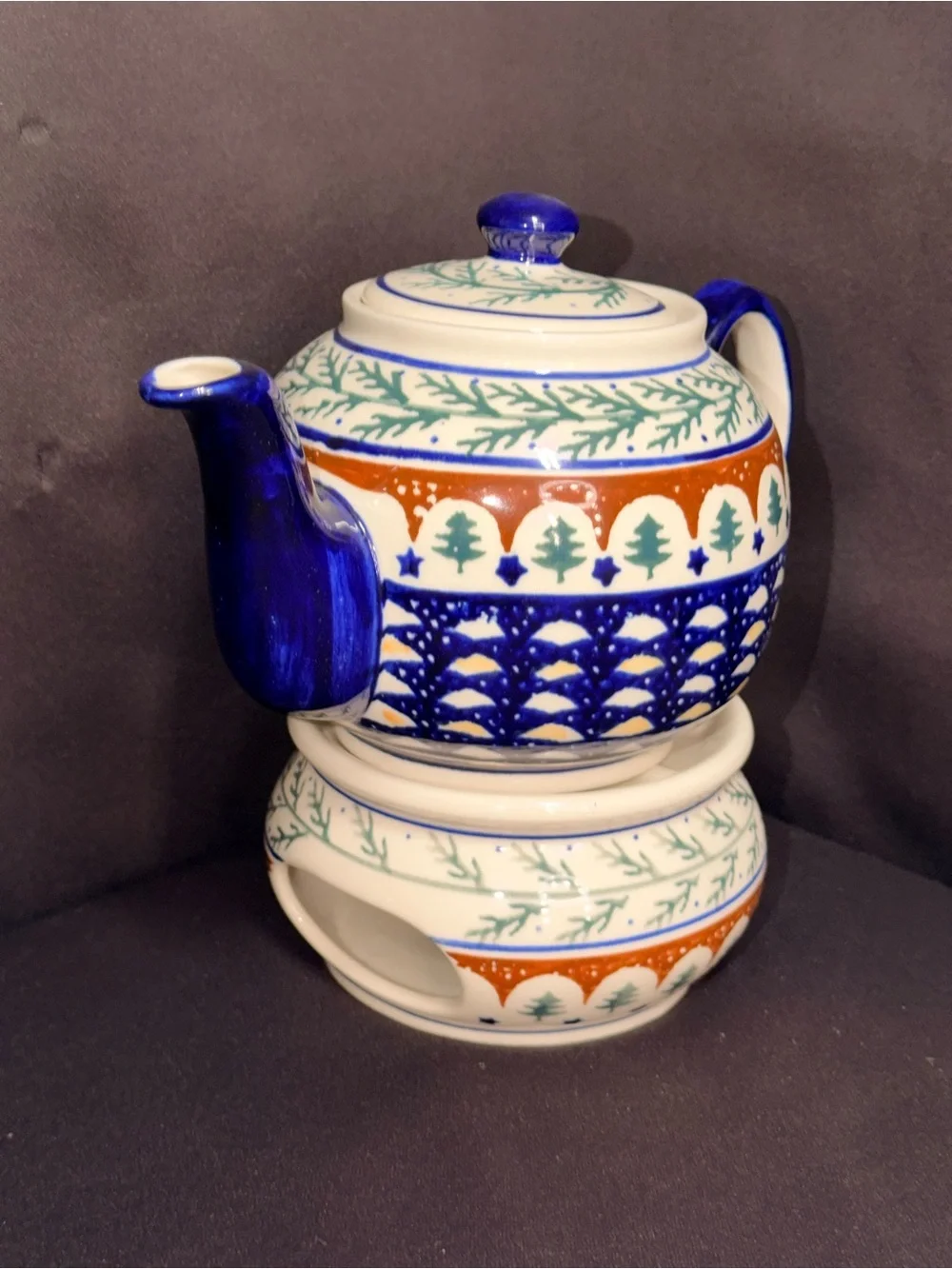 Blue and White Ceramic Teapot with Green and Brown Pattern